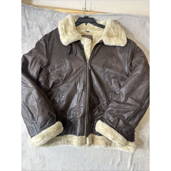 St Johns Bay XL Faux Shearling Lined Leather Jacket Brown Aviator Bomber Coat - Picture 2 of 11